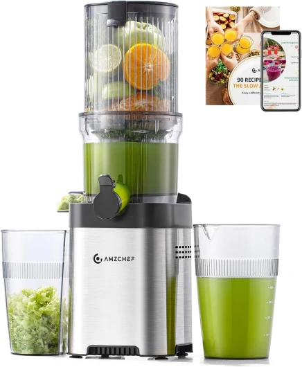 120MM Machine a Jus de Fruit Extracteur Entiers - Jus de Fruits et Légumes à Mastication Lente Slow Juicer - Sans Préparation Extracteur de Jus Vertical - Argent 120MM Argenté