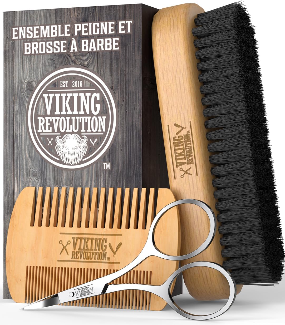 Brosse A Barbe Poil De Sanglier Naturel Et Peigne En Bois De Poirier À Double Action Avec Pochette De Voyage Velours Pour Homme