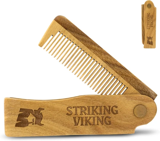 Peigne en Bois Pliant Viking Striking - Peigne à Cheveux, Barbe et Moustache pour Homme - Peigne en Bois de Sandale de Poche pour le Toilettage Quotidien, Cadeau de Barbe pour Homme
