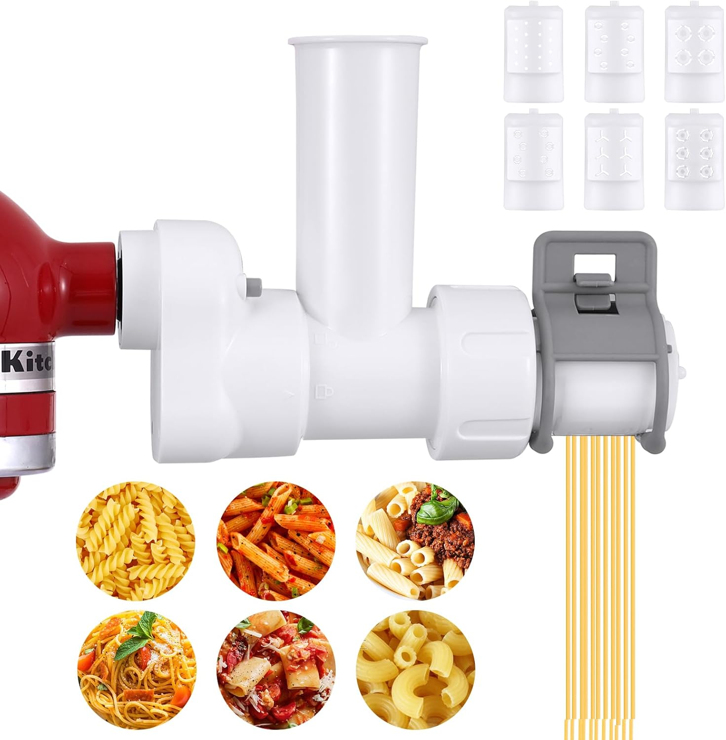 Gdrtwwh Accessoire pour machine à pâtes KitchenAid avec 6 formes différentes de sortie de pâtes, attaches durables pour presse à pâtes et brosse de nettoyage, blanc