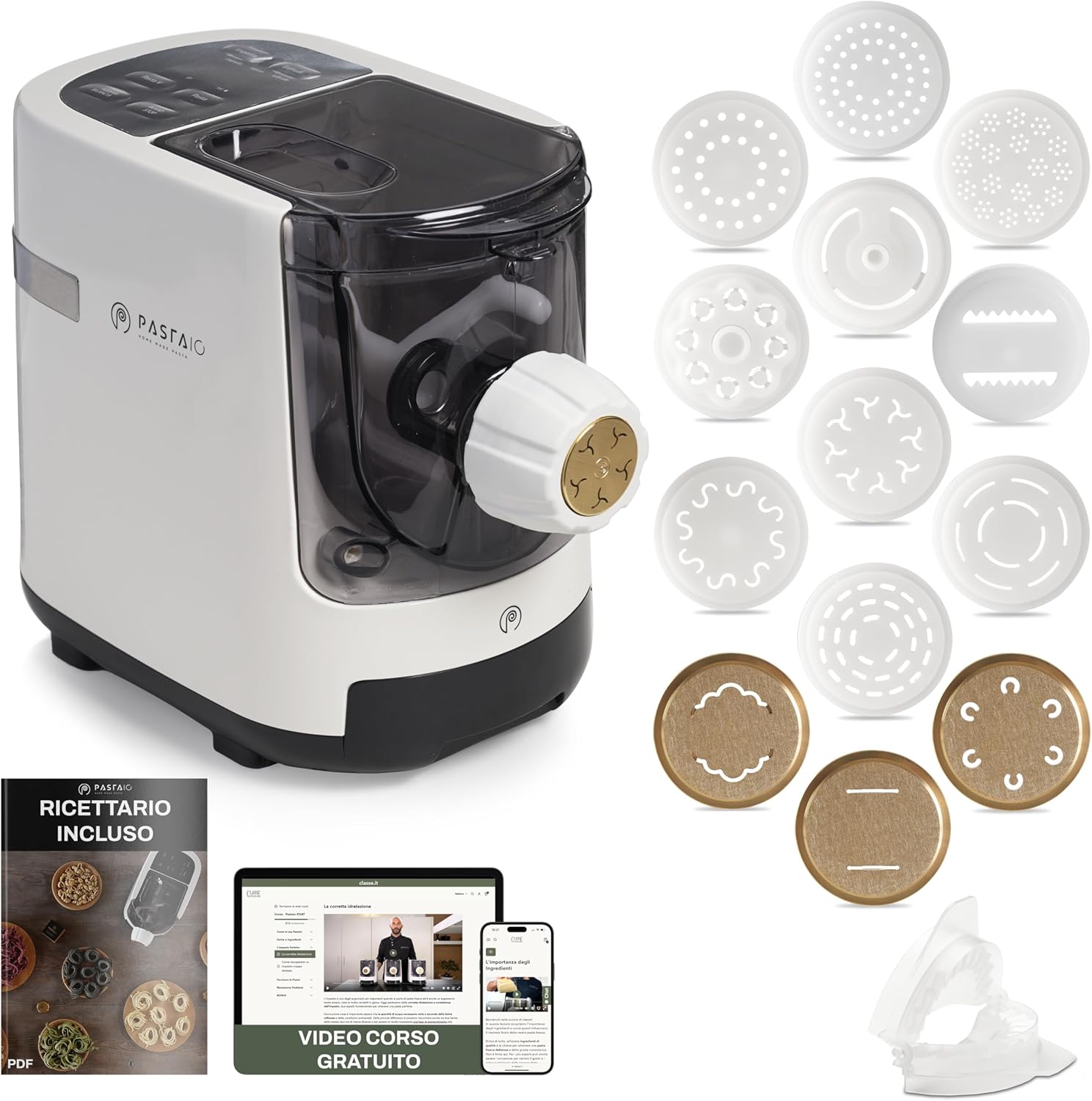 PASTAIO Machine à pâtes avec 14 Matrices dont 3 en bronze - Pasta Maker, balance intégrée, extrusion rapide, jusqu'à 800g de pâtes, jusqu'à 19 types de pâtes différentes - Classe Italie 14 Matrices ( 3 in Bronze )