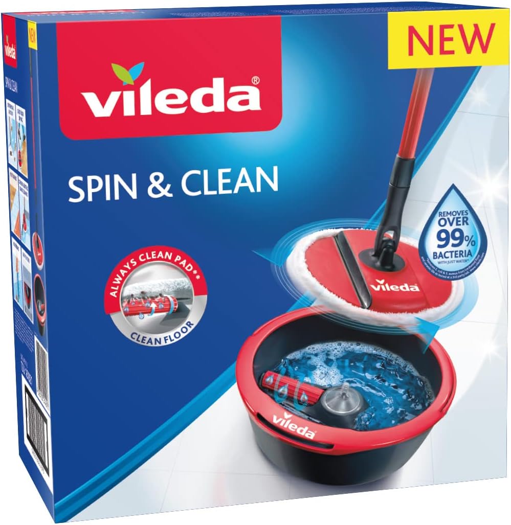 Spin & Clean Kit Complet Lavage Sol, Système d'essorage Manuel activé par Le Manche, Seau doté d'un Rouleau de Lavage innovant pour Une Housse Toujours Propre, tête de Balai 100% Microfibre 1 Unité (Lot de 1) Kit complet Unique