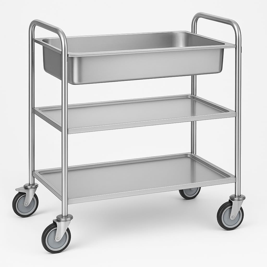 Arredo Chef – Chariot INOX 3 Niveaux avec Bac Collecteur – 84,5 x 52,5 x 94 cm – roulettes avec Freins – Cuisine Pro, Cantine, Restauration Collective