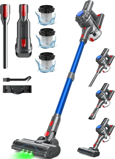 Ivormentico Aspirateur Balai sans Fil, 50Mins/40KPA/450W Aspirateur sans Fil, Aspirateur Balai avec LED Verte, Aspirateur avec Brosse à Plancher Améliorée, pour Tapis, Sols Durs, Poils d'animaux, Bleu