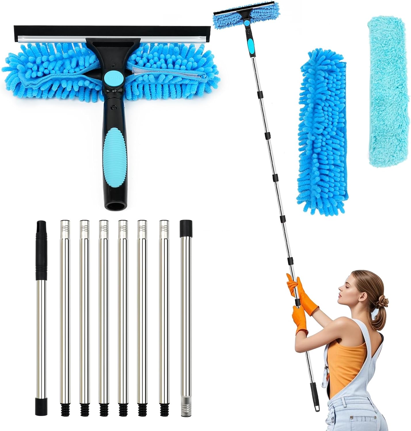 Lapluied 4M Nettoyeur de Vitre 3-en-1 Kit Nettoyage Vitre avec Raclette en Silicone et Brosse en Microfibres, Raclette Vitre Professionnel, Lave Vitre Telescopique avec Tête Rotative 270° Bleu 4M Bleu