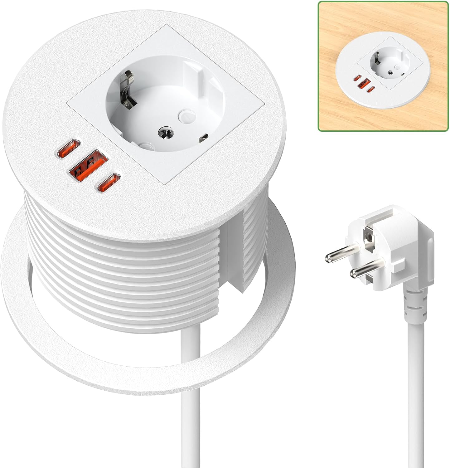 Multiprise Encastrable avec 2 USB C PD 35W, Multiprise Electrique Encastrable USB A QC 18W, Bloc Prise Encastrable pour Plan de Travail, Cuisine, Bureau, Meubles, 1,8M Câble, Blanc