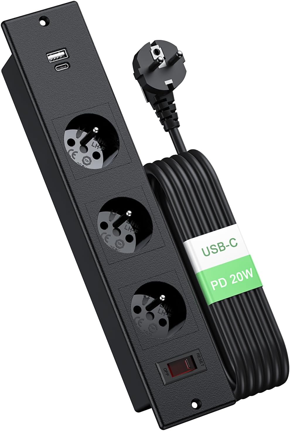 Prise Encastrable Plan de Travail, Dinolink Multiprise Encastrable avec 3 Prises, PD 20W USB A+C, Prise Electrique Encastrable avec Interrupteur de Surcharge, 16A/4000W, 2M Câble, Noir