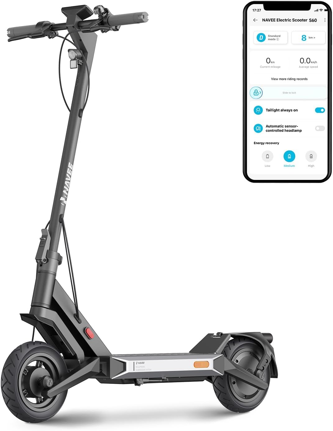 Trottinette Électrique Adulte NAVEE S60,50km Autonomie 25km/h Max, Moteur 1000W,Absorption Double des Chocs,Pneus tubeless de 10 Pouces,IPX5,Pliable,Trotinette Electrique Tout Terrain