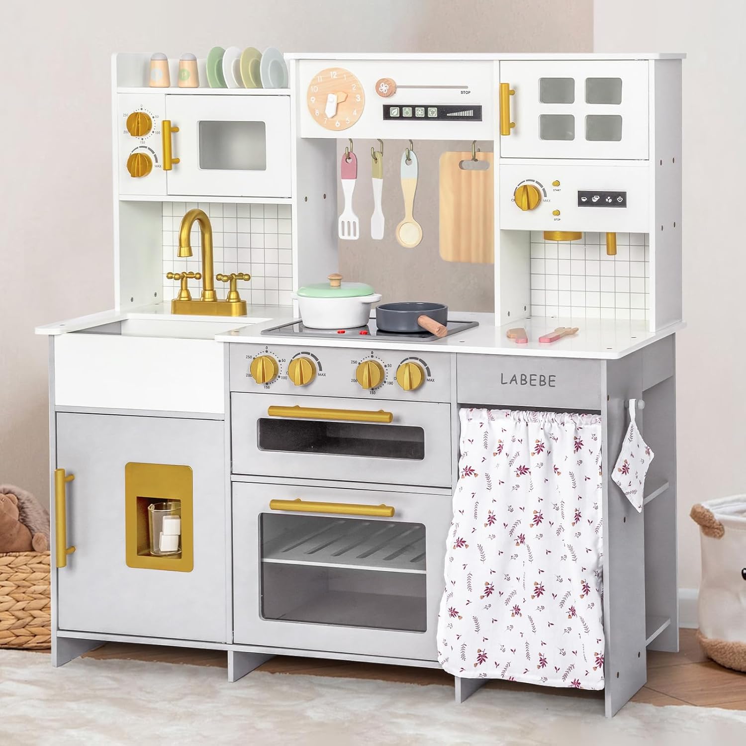 Cuisine pour Enfant en Bois avec de Nombreuses Fonctions de Jeu et ustensiles de Cuisine, Cuisine en Bois, pour garçons et Filles à partir de 3 Ans Blanc