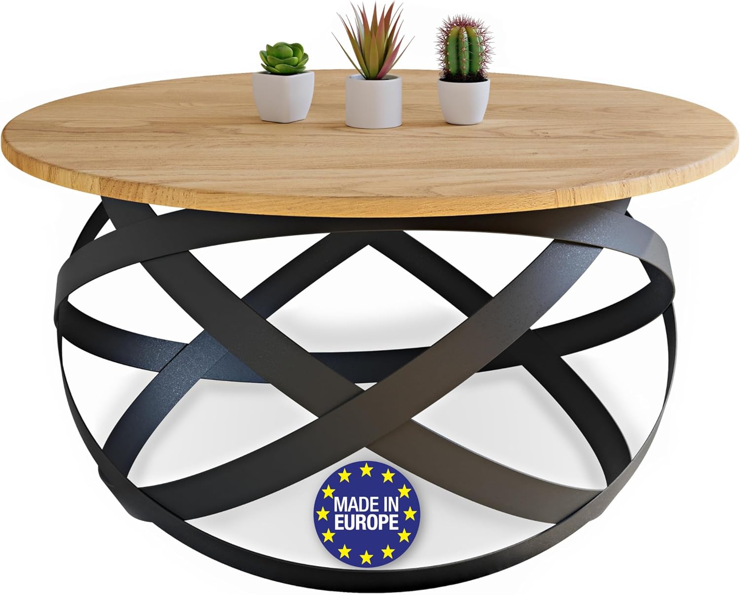 Firenze, Table Basse de Salon Faite à la Main en Bois Massif de Chêne Naturel et Acier au Design Moderne Industriel Minimaliste, Noir, Ronde, Ø70x40 cm Ø70x40 cm Chêne, Noir