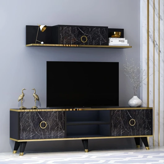 HOMIDEA Sophia Ensemble de Salon – Meuble TV – Banc TV en Bois avec 2 Portes et étagères murales au Design Brillant pour Le Salon (Noir)