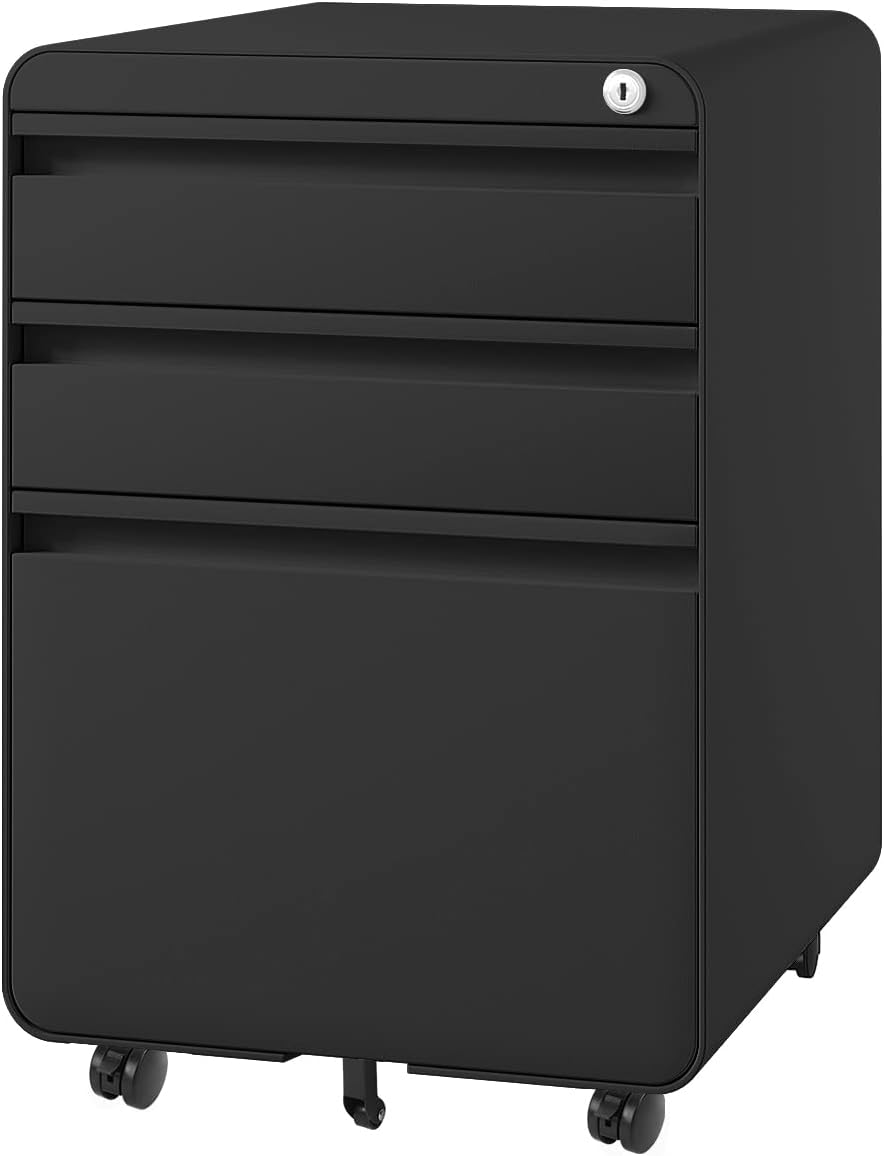 Caisson de Bureau à Roulette 3 Tiroirs, Meuble Dossier Suspendu, Caisson Métal Verrouillable 40 x 45 x 60 cm - Noir Mate Noir 40 x 45 x 60 cm
