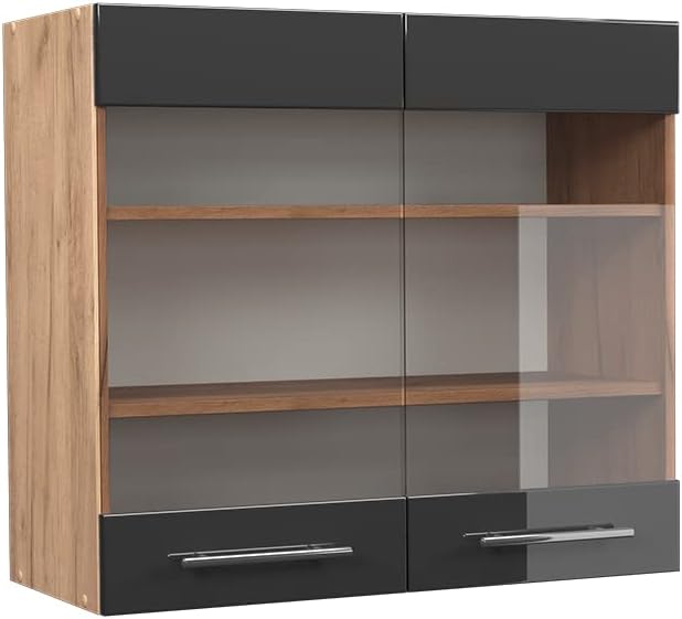 Meuble de Cuisine Haut vitré Fame-Line, Anthracite Haute Brillance/Chêne de Force doré, 80 cm Anthracite Haute Brillance Vitrine suspendue 80 cm
