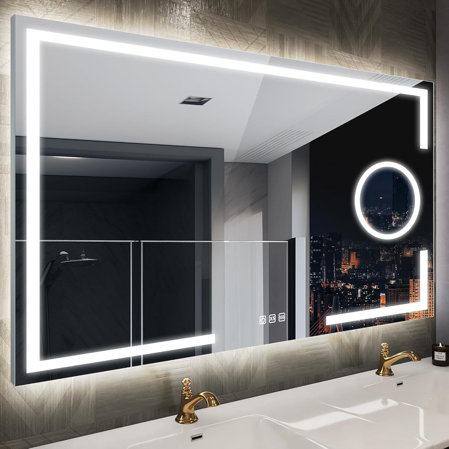120x70cm Miroir-LED-Salle-de-Bain-avec-Éclairage et Loupe 5X, Miroir-Mural avec Anti-buée, Dimmable, 3 Couleurs Lumière, Mémoire, IP44, Verre Trempé, Cadre Métal 70L x 120l cm M3111 Atlanta Argent (5x Loupe)