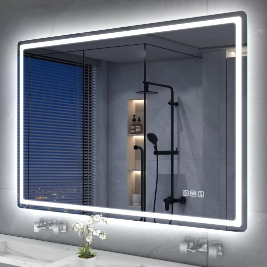 S'bagno Bluetooth-Miroir-Salle-de-Bain-avec-Eclairage-100x70cm, Miroir-LED-Salle-de-Bain Anti-buée, 3000K-6500K, Dimmable, Mémoire, Verre trempé HD, IP44-Miroir-Salle-de-Bain-Led, Horizontal/Vertical M55 (Bluetooth) 70L x 100l cm