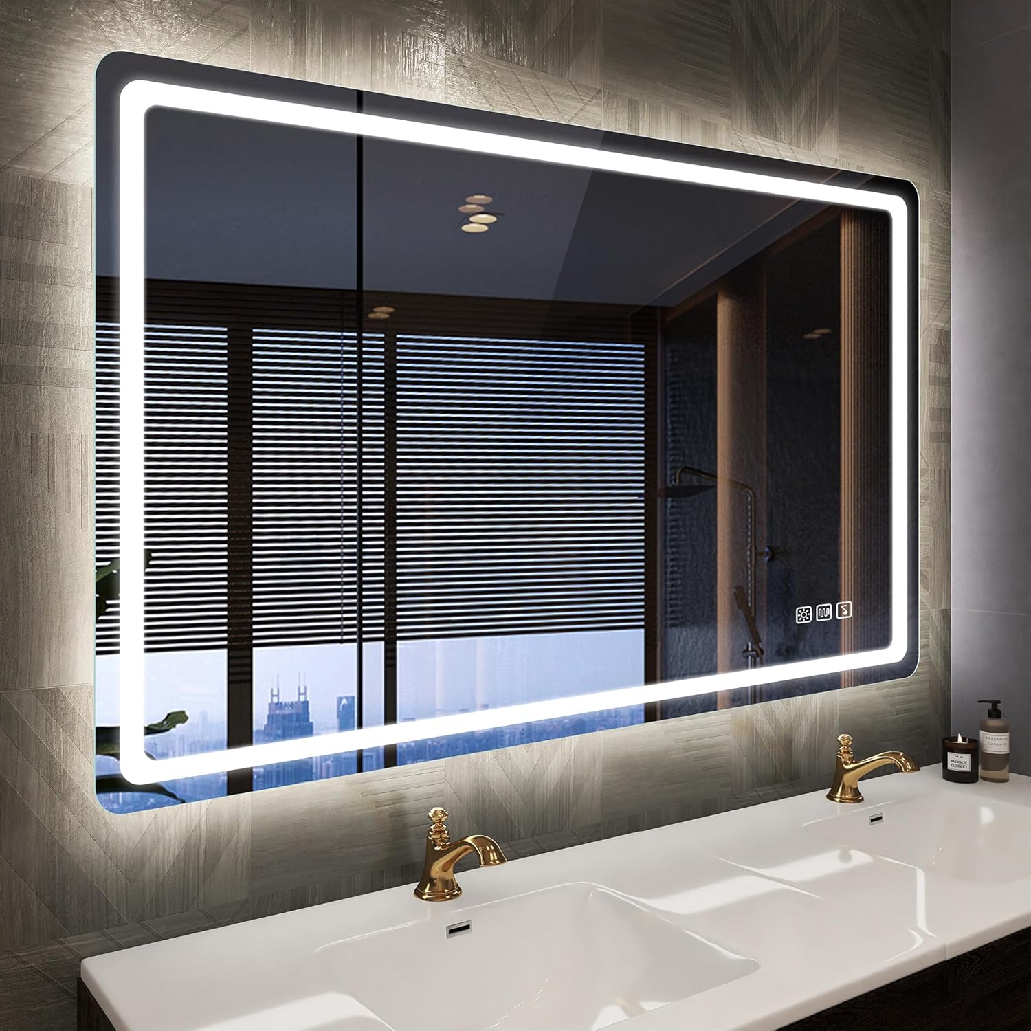 100x70cm Miroir-LED-Salle-de-Bain-avec-Éclairage et Bluetooth, Anti-buée, 3 Couleurs Lumière, Gradable, Mémoire, IP44, Verre Trempé, Horizontal/Vertical 70L x 100l cm M3015 Madrid Argent (Bluetooth)