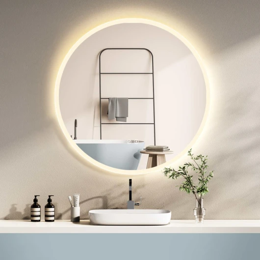 HOKO® Miroir de Salle de Bain 60cm, avec Fonction Anti-buée+Chauffage du Miroir - Miroir Rond+équipé d'un Interrupteur Tactile et lumière LED réglable de Blanc Chaud/Blanc Froid/Neutre 2700-6500k 60L x 60l cm Blanc Sablé + Antibuée