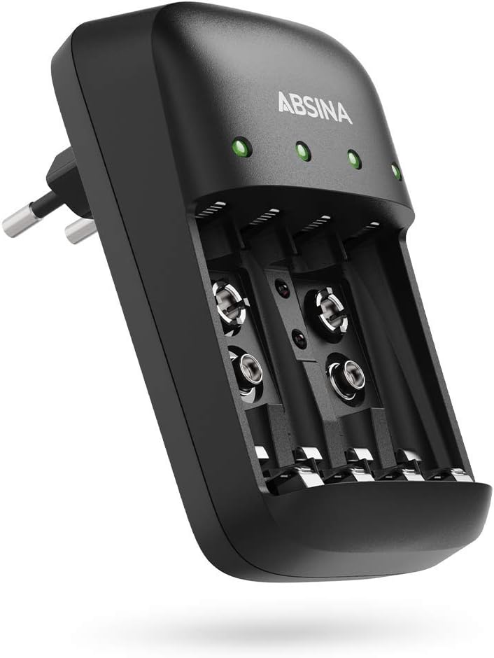 Chargeur de Piles Rechargeables AA AAA & 9V - Chargeur de Pile NiMH avec 4 emplacements - Chargeur Piles Rechargeable pour AAA, AA & 9V - Chargeur Pile, Chargeurs de Piles, Rechargeur de Pile 4-fach Chargeur