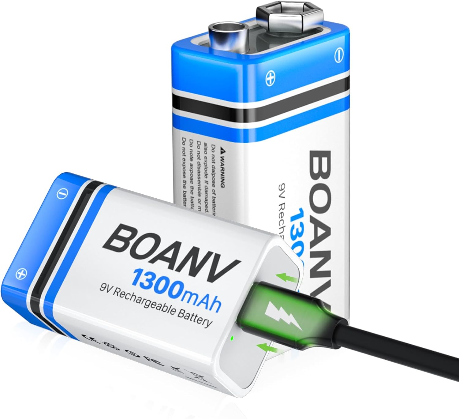 2PCS Piles 9V Rechargeables 1300mAh, 9V Rechargeable USB Lithium à Longue Duréé Batterie, avec câble de Charge 2 en 1, pour détecteurs de fumée, alarmes, Clavier, Microphone