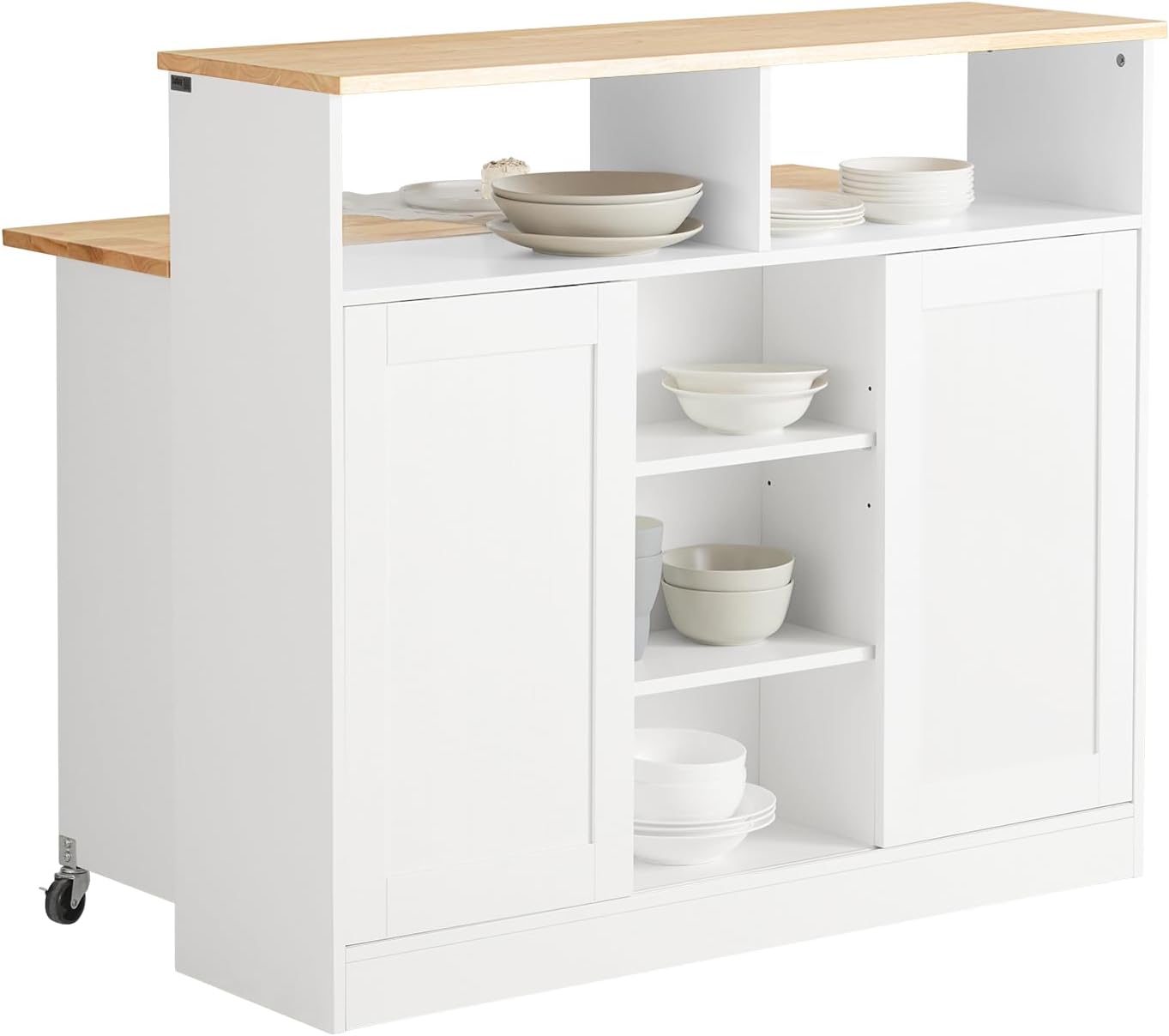 Buffet de Rangement Placard de Cuisine Ilot de Cuisine Armoire de Cuisine Multi-rangements avec Portes Coulissantes et Plan de Travail Extensible 110x66x97cm, FSB36-WN Blanc
