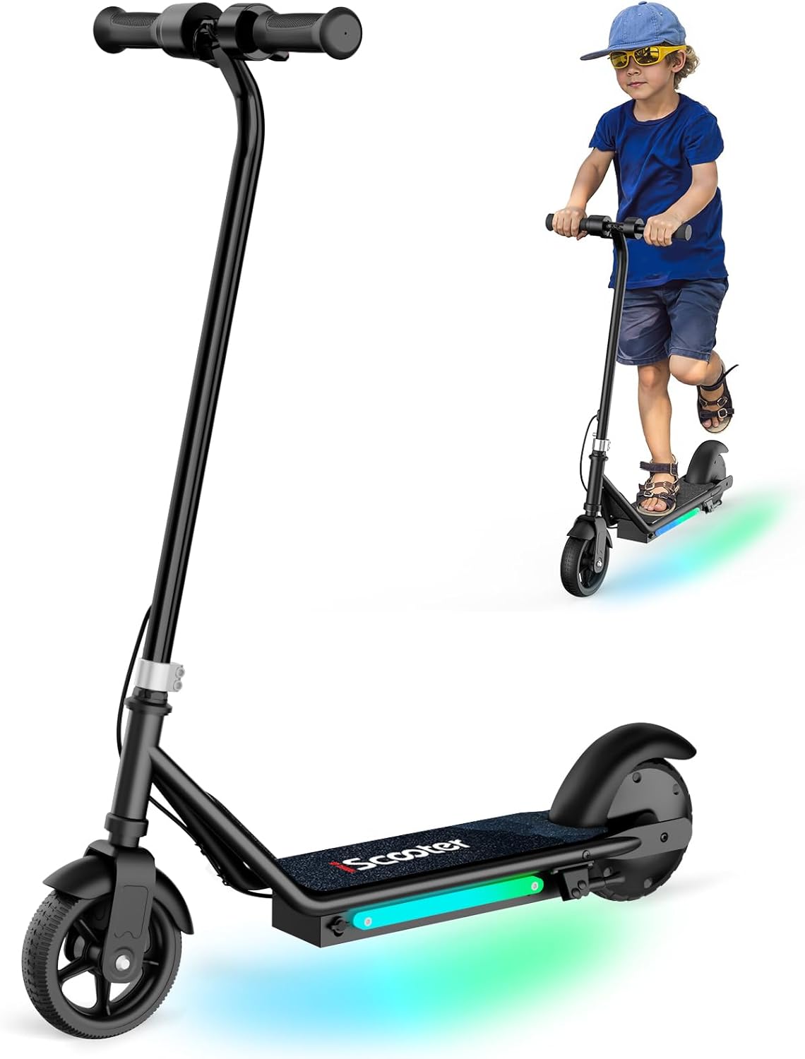 IK3 Trottinette électrique pour Enfants de 6 à 12 Ans, Frein électronique à Manille, Frein arrière à pédale, lumières LED colorées, écran LED, Noir