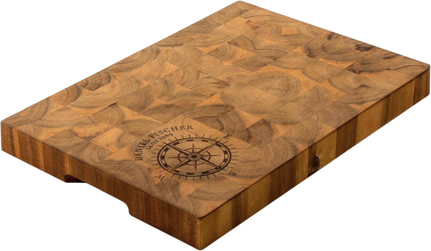 Billot de Cuisine en Bois d'Acacia avec Gravure Personnalisée, Rose des Vents avec Nom et Date, Ustensile de Cuisine, 42 x 30 x 4 cm