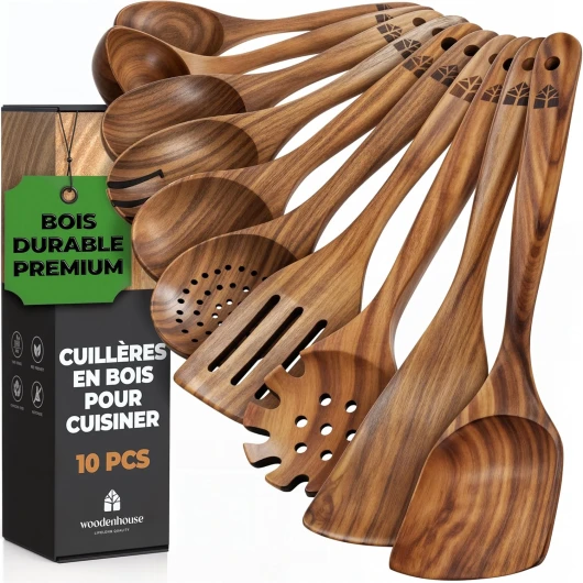 Ustensiles de Cuisine Bois - Set de Cuisine Premium 10 Pièces - Ensemble d'Ustensiles en Bois de Teck Facile à Nettoyer - Matériau Léger, Résistant à la Chaleur, Durable & Anti-Rayures 10 Piece Set