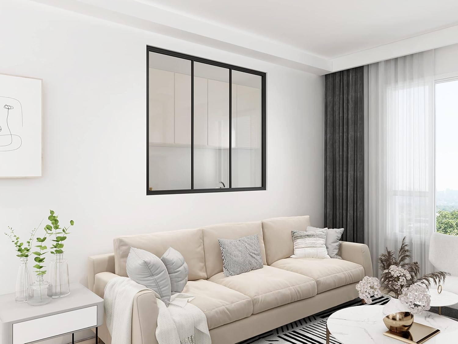 Verrière Industrielle Style Atelier - 3 Vitrages - Largeur 1190 Hauteur 1050 - Acier Ultra Fin - Finition Noir Mat (RAL 9005) - Monté et Envoyé depuis la France