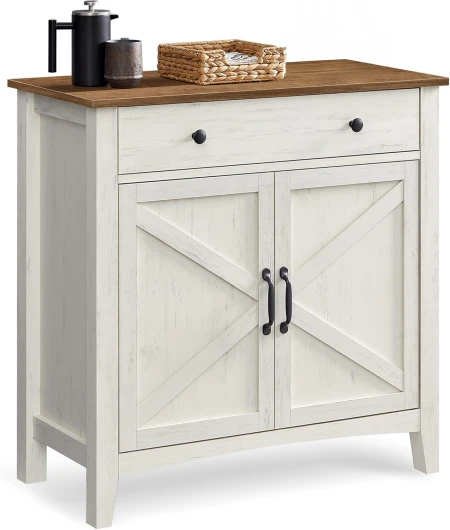 Buffet, Meuble de Rangement avec Tiroir, Meuble de Cuisine, avec Portes, Étagère Réglable, Style Campagne, pour Salon, 40 x 80 x 80 cm, Blanc Rustique et Marron Miel BBK341W01 Blanc Rustique + Marron Miel 2 Portes
