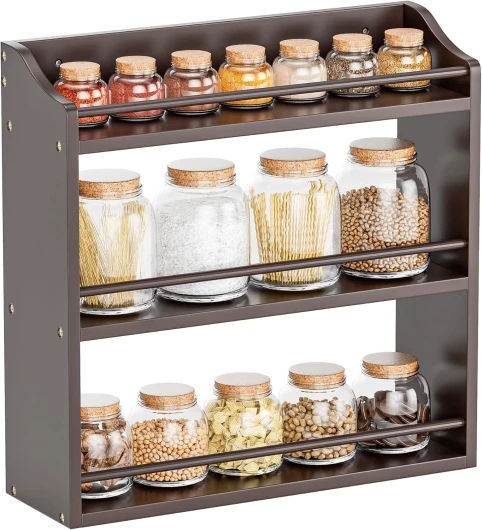 Étagère à épices en bois de bambou à 3 niveaux, bouteilles d’assaisonnement, bocaux, étagère de rangement pour épices, comptoir de cuisine ou montage mural (marron)