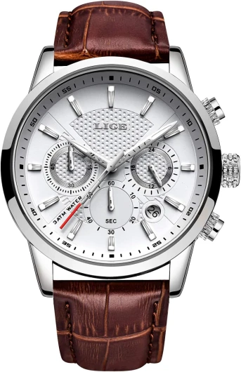 Montres Hommes Mode Étanch Acier Inoxydable Analogique Quartz Sport Chronographe Blanc Cadran Classique Cuir Bracelet Montres… Blanc/Marron