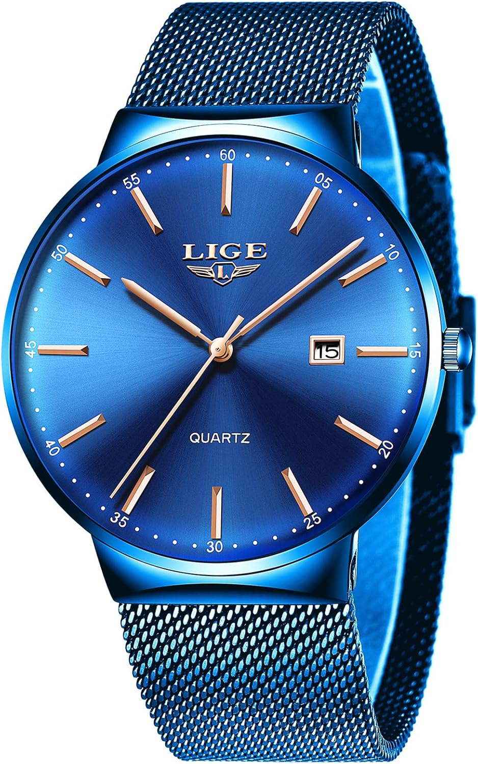Montre Homme, Montres Bracelet Analogique Quartz, Acier Inoxydable étanche 3ATM, Fonction Calendrier, Cadeau Luxe pour Homme, Business Mode Casual Match Bleu