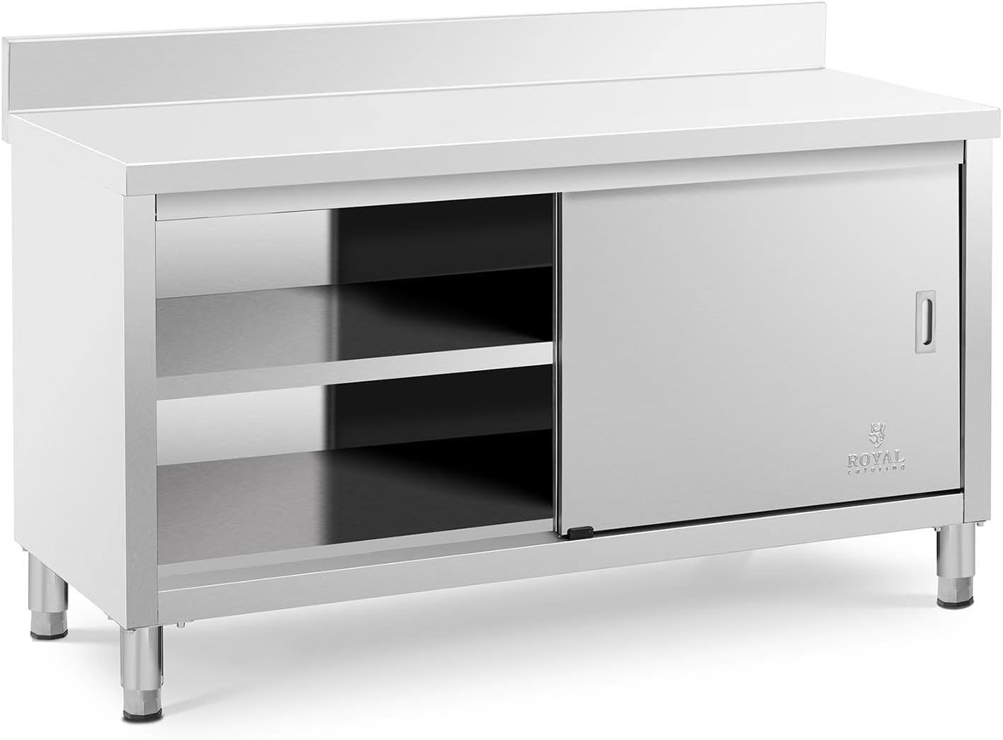 Meuble Bas En Inox Plan De Travail Professionnel Cuisine Armoire Basse Adossée RCSSCB-150x60-E-B (600 kg max., 150 x 60 x 85 cm, Dosseret 10 cm, 2 Portes Coulissantes, Acier Inoxydable)