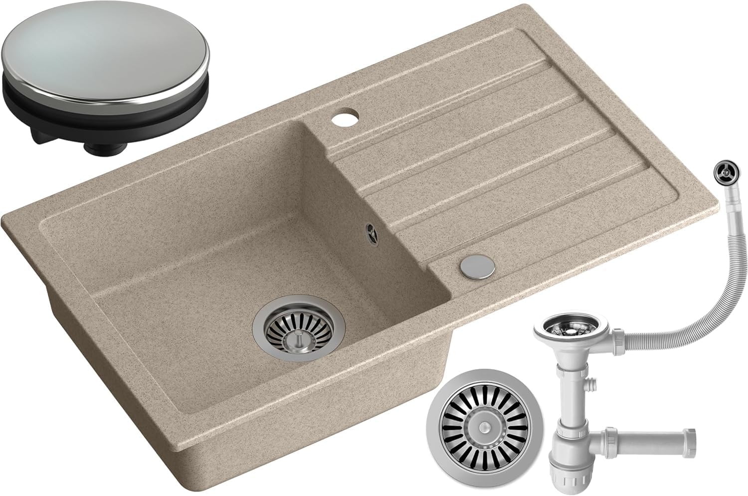 MyQ Evier en granit - Dimensions : 77 x 44 x 17,5 cm, Couleur : Beige - SEUL 11 Evier de cuisine Evier simple avec égouttoir et siphon manuel - pour armoires à partir de 50 cm