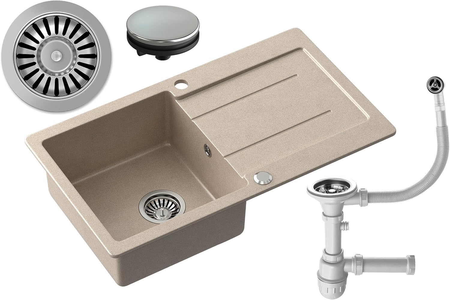 MyQ Evier en granit - Dimensions : 77 x 44 x 18,5 cm, Couleur : Beige - PARIS 11 Evier de cuisine Evier simple bac avec égouttoir et siphon manuel - pour armoires à partir de 50 cm