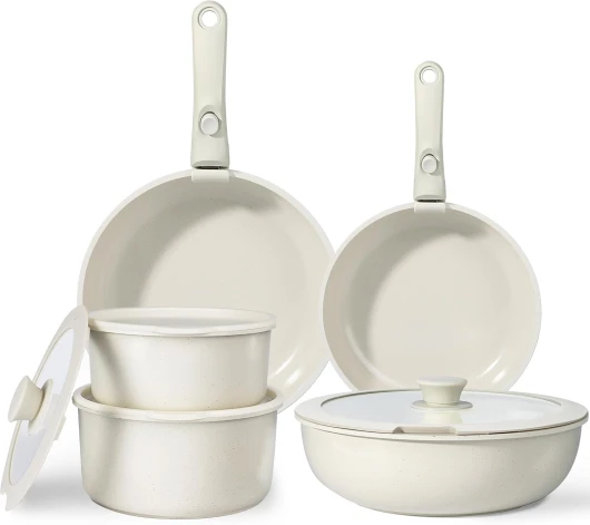 Set de Casseroles et Poêles en Céramique Antiadhésif - 11 Pièces avec Poignées Détachables, Sans Produits Toxiques, Compatible Induction, Four et Lave-vaisselle Blanc 11pcs