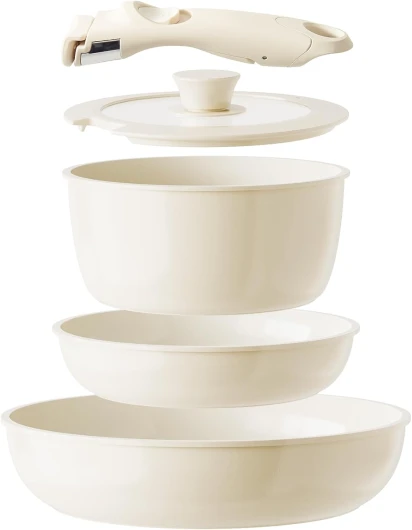 Casseroles et Poêles Céramique, Batterie de Cuisine à Induction avec Poignée amovible pour Camping, Revêtement Antiadhésif en Céramique, Sans PTFE - Sans PFOA Sans PFAS Cuisson Saine Sûre Beige