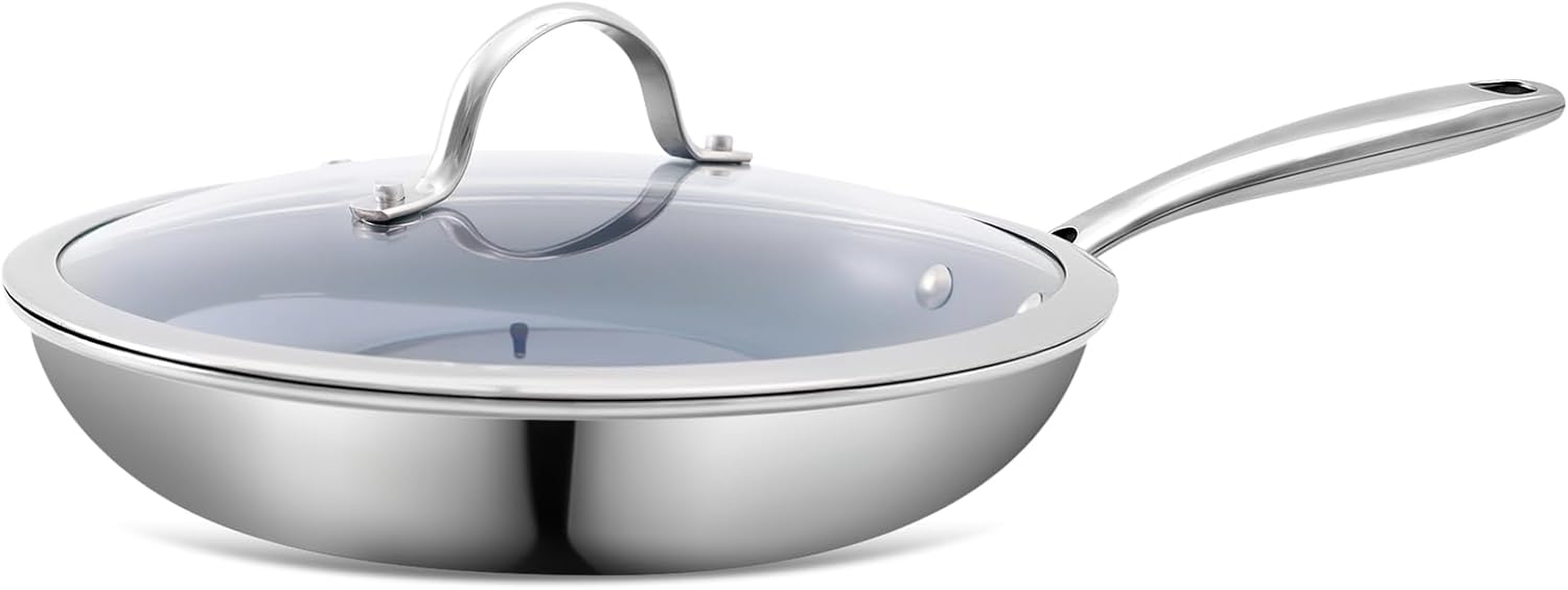 Poêle Antiadhésive en Acier Inoxydable de 26 cm,Revêtement Céramique Non Toxique pour la Cuisson, avec Couvercle, Compatible avec Induction, Électrique,Sans PTFE,PFAS,Convient pour le Lave-vaisselle Argenté 26CM