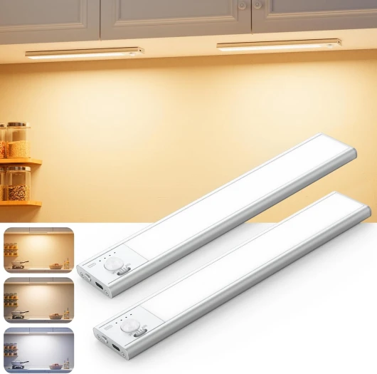 BKXCHA Reglette LED Cuisine Sous Meuble, Dimmable Lampe Detecteur De Mouvement Interieur, 3 Couleurs Éclairage Lampe Led Rechargeable Sans Fil Pour Chambre, Placard, Dressing, Escaliers (22cm, 2 set) 2 unités