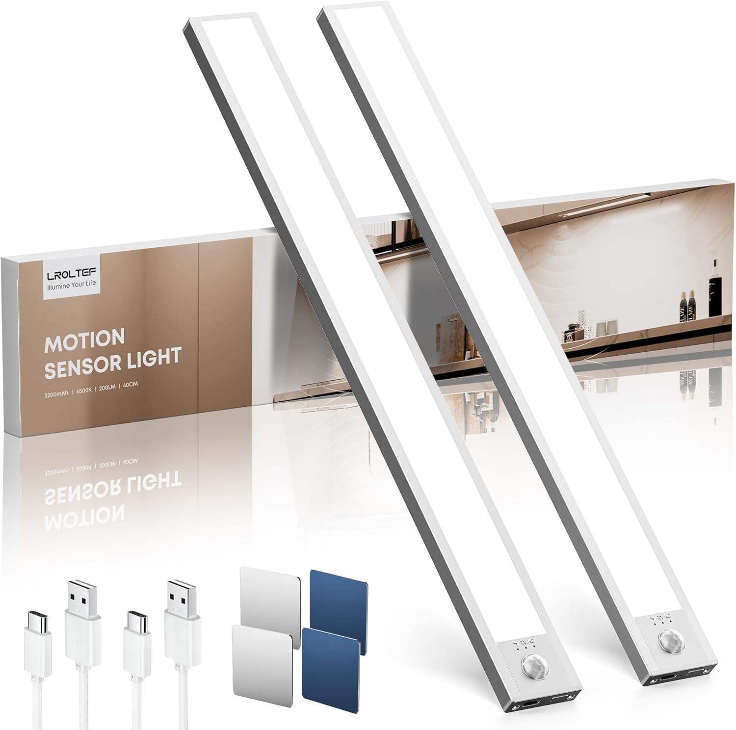 Reglette LED Lampe Cuisine sous Meuble avec Detecteur de Mouvement Interieur - 40CM 2200mAh Lumiere Placard sans Fil Rechargeable - Eclairage Veilleuse pour Dressing Escalier Armoire - 2 Pack 6500K 40CM*2