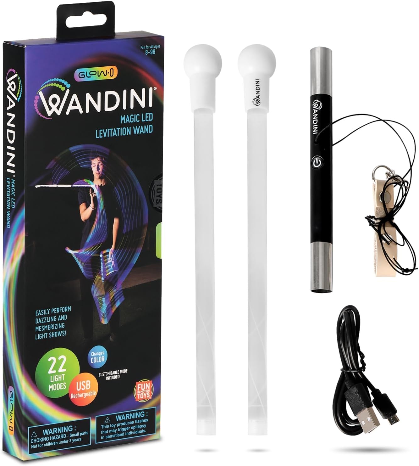 Wandini Glow.0 Baguette Magique Pliable de Lévitation à LED – Baguette Lumineuse Rechargeable par USB - 22 Modes de Lumière de Couleur – Bâton Magique à LED Brevetée et Équilibrée par des Experts.