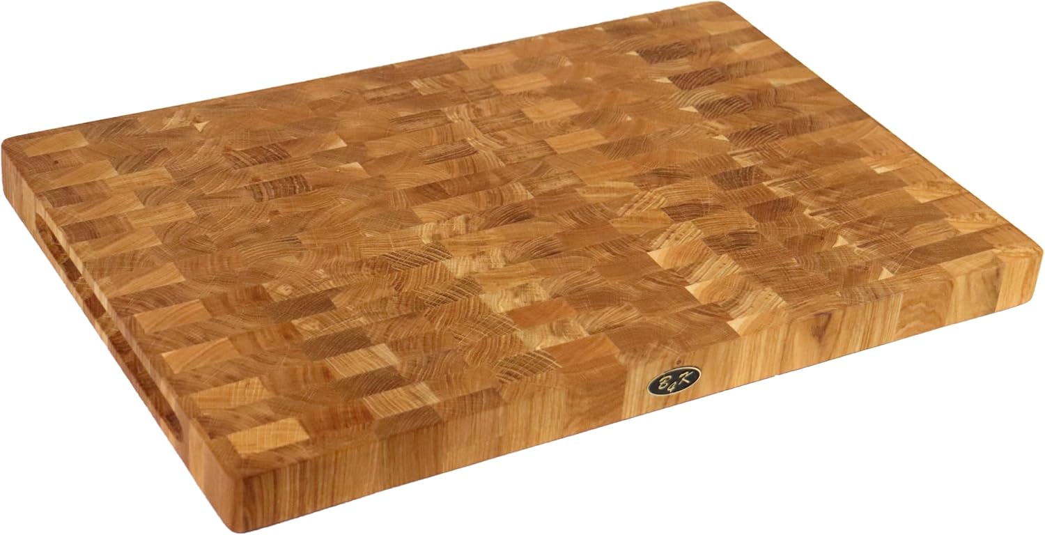 ® Planche à découper en chêne - 60 × 40 × 4 cm - Bloc de hachage massif - Planche en bois de cerveau antibactérien avec poignées et pieds en silicone - Parfaite pour la cuisine, la viande et le