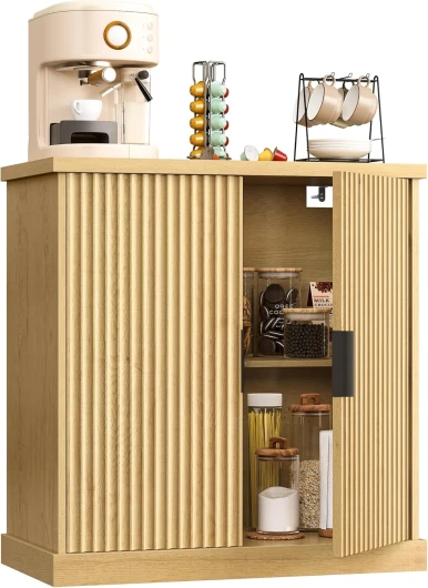 MAXE Collection - Buffet, Console, Meuble de Rangement avec Étagères Réglables, Portes Cannelées, Style Transitionnel, pour Cuisine, Salle à Manger, Beige Chêne BBK344Y01