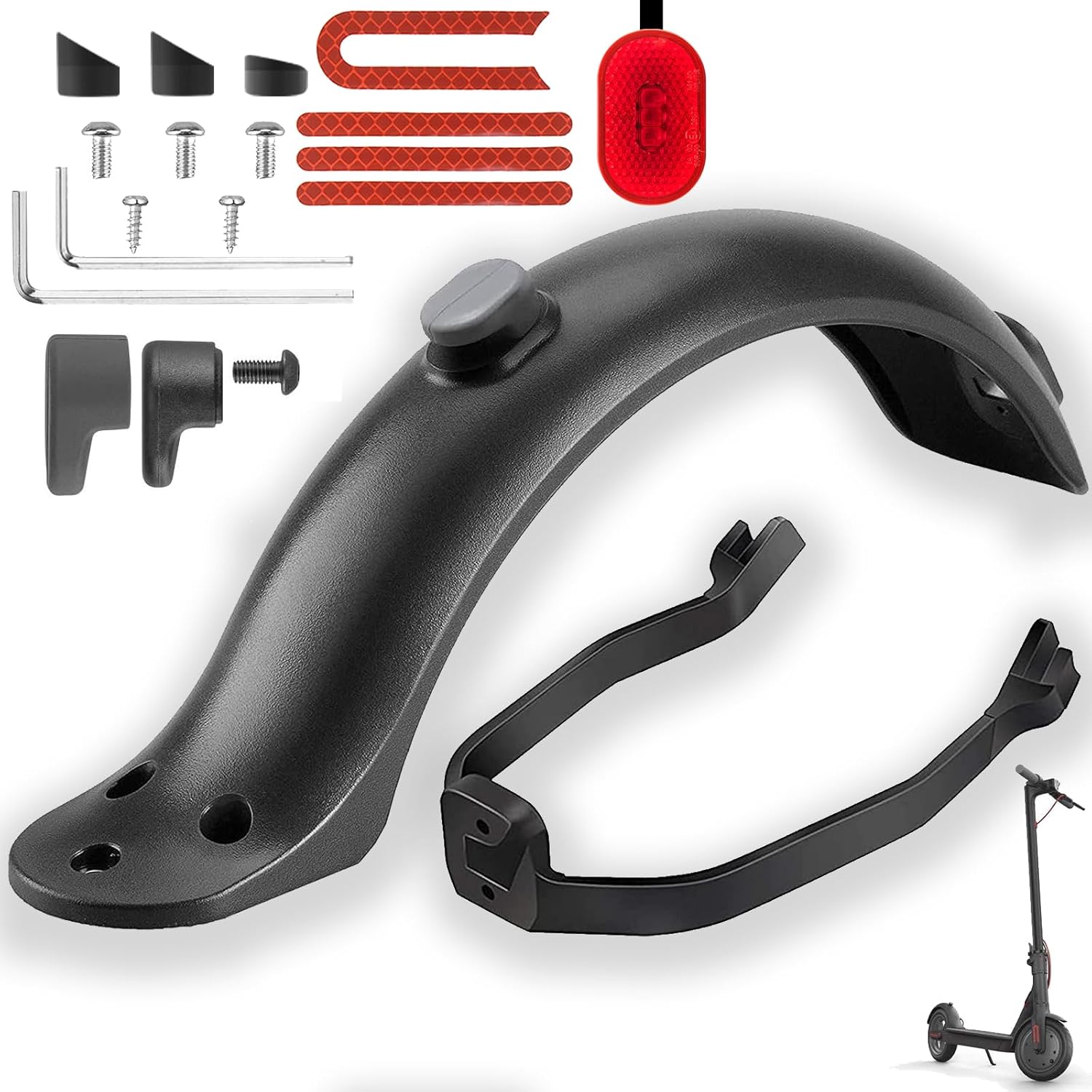 Garde Boue Arrière pour Trottinette Electrique Xiaomi M365/M365 Pro, avec Support de Garde-Boue, Amortisseurs de Vibration en Silicone, ​Outils et Visserie, Accessoire Scooter Electrique Noir avec Autocollant Rouge