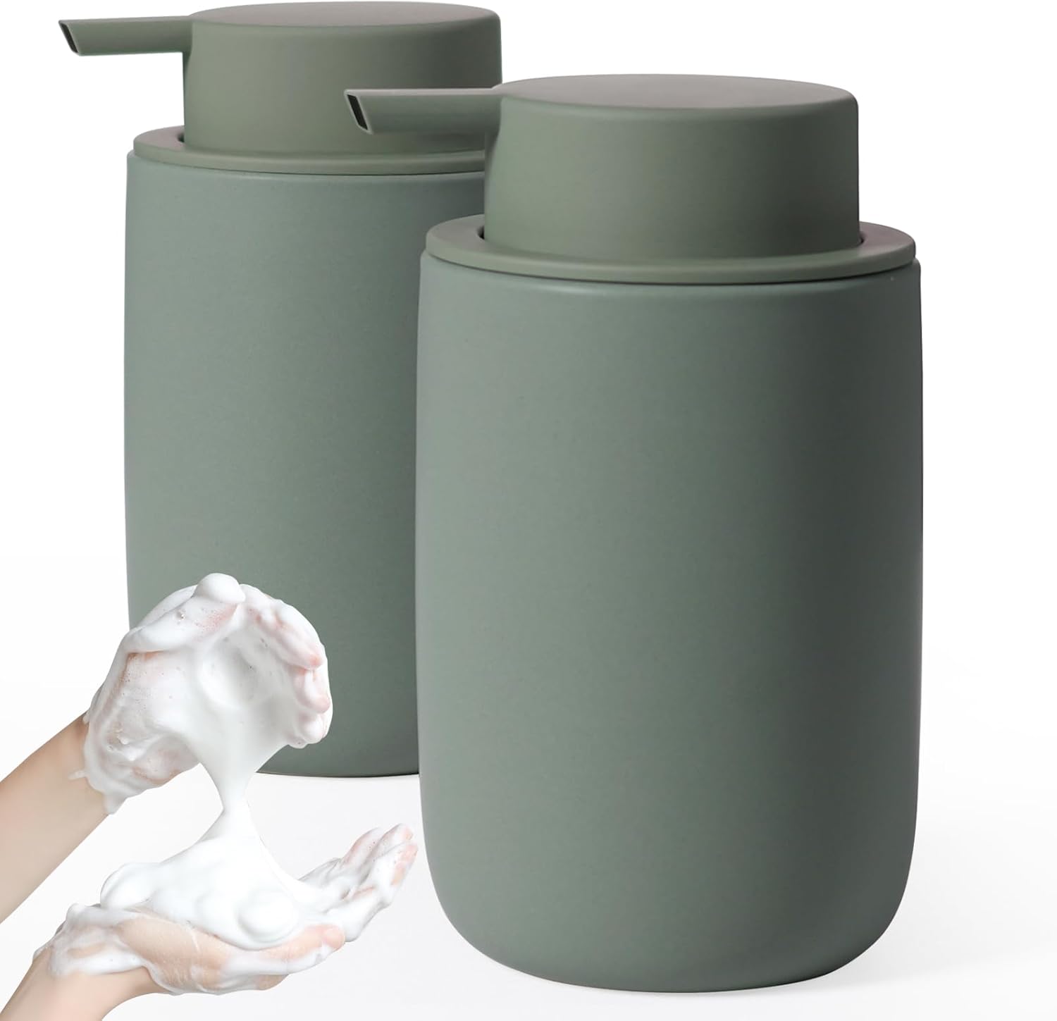 Autumnlife Lot de 2 distributeurs de savon mousse - En céramique - Rechargeables - Avec grande pompe et étiquette - Vert mat - Pour cuisine, salle de bain, plan de travail - 350 ml Vert - Mousse