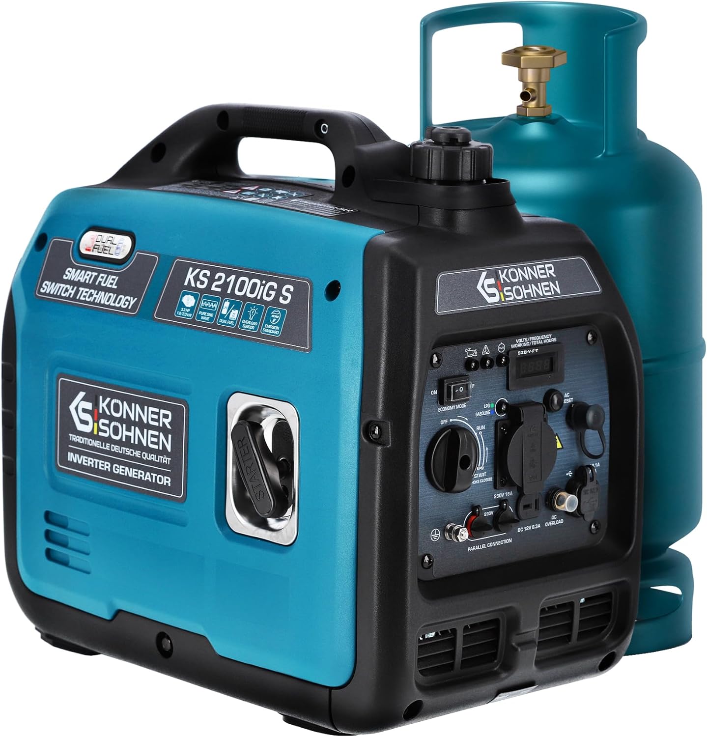 Générateur GPL / Inverter à essence, gaz liquéfié, KS 2100iG S de Könner & Söhnen - Générateur électrique 2000 W, prise Schuko 230 V, 2 ports USB, indicateur LED, mode ECO, groupe électrogène de Bleu
