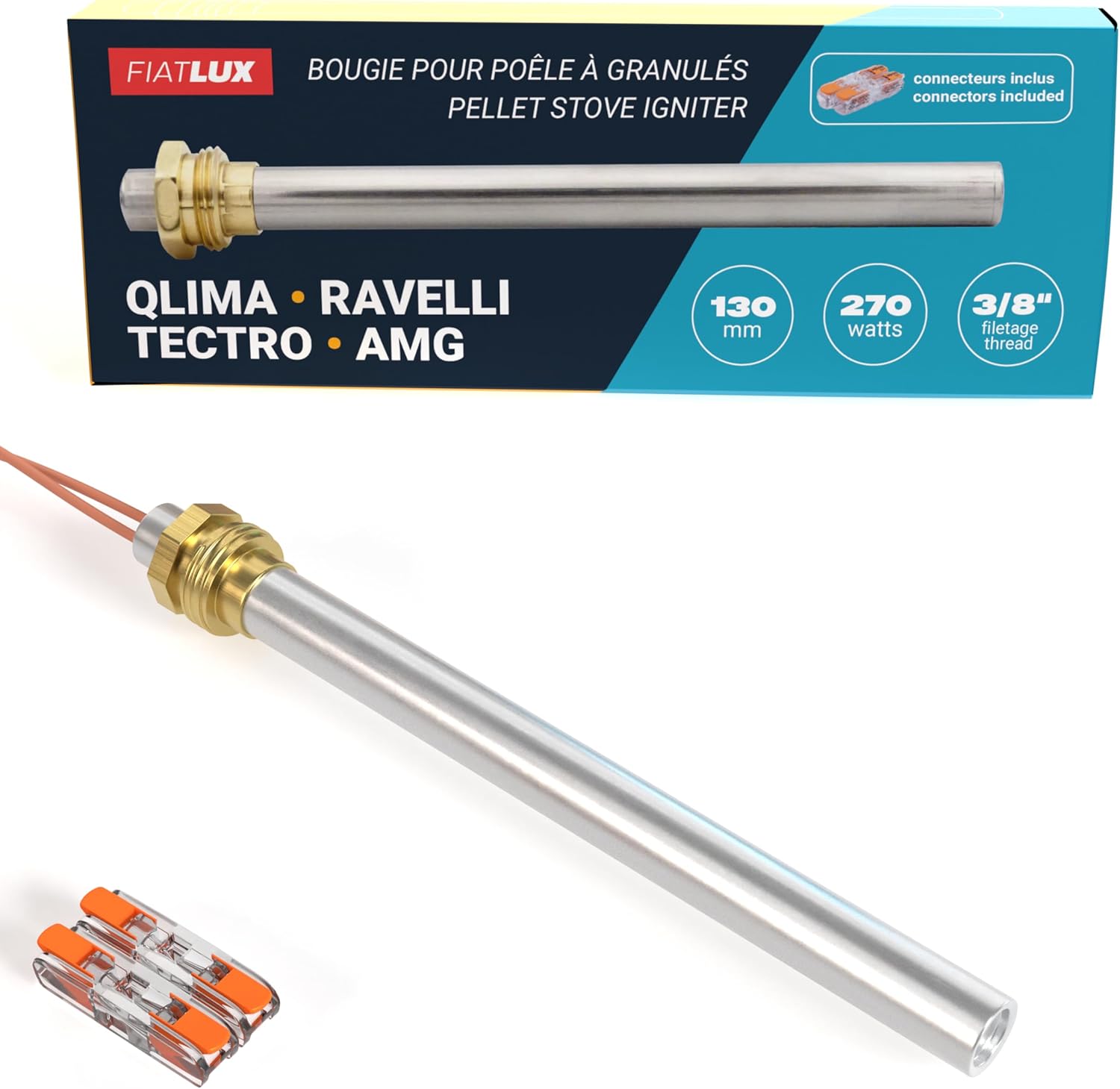 Bougie Poêle à Granulés compatible avec Ravelli/Tectro/AMG - 130/140mm / 270W - Filetage 3/8 - Garantie 2 ans