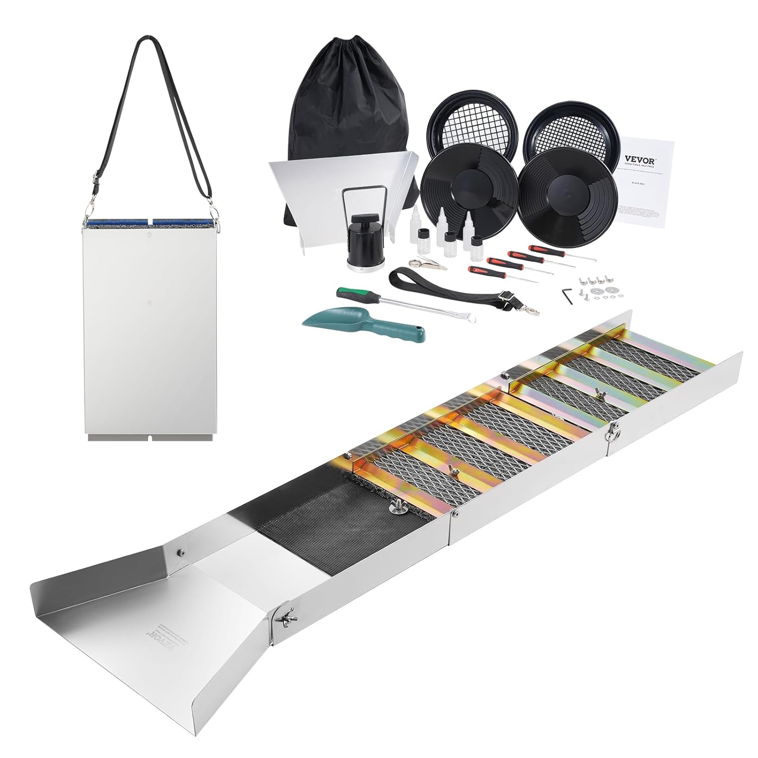Kit d'Orpaillage Portable 23 Pièces Rampe d'Orpaillage 127 cm en Aluminium Résistant avec Bâtée Tamis Pipettes Pelle et Sac de Transport Sluice pour Mineur Prospecteur d’Or Jardin Rivières