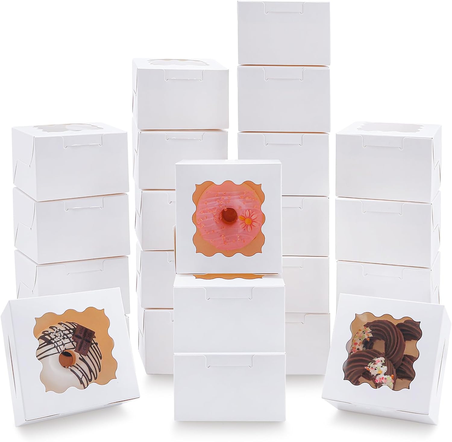 Mexgcom BoîTes de Boulangerie Blanche, 30 PièCes 10.3x10.3x6.4 cm BoîTe à GâTeau Avec FenêTre, BoîTe de Boulangerie Pour GâTeau, PâTisseries Pour la Faveur de Mariage (30 Pièces Blanches)