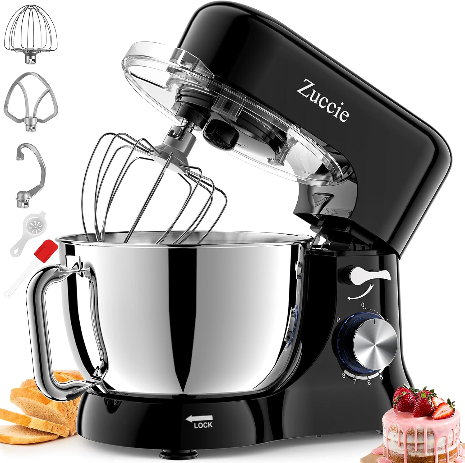Robot Patissier, Zuccie 5 L Robot Pâtissier, 1000W Robot Cuisine avec Fouet, Batteur, Crochet, Bol d'Acier Inoxydable et Pare-éclaboussures, 8+P Vitesses Robot Pétrin Professionnel (Noir) 5QT Noir